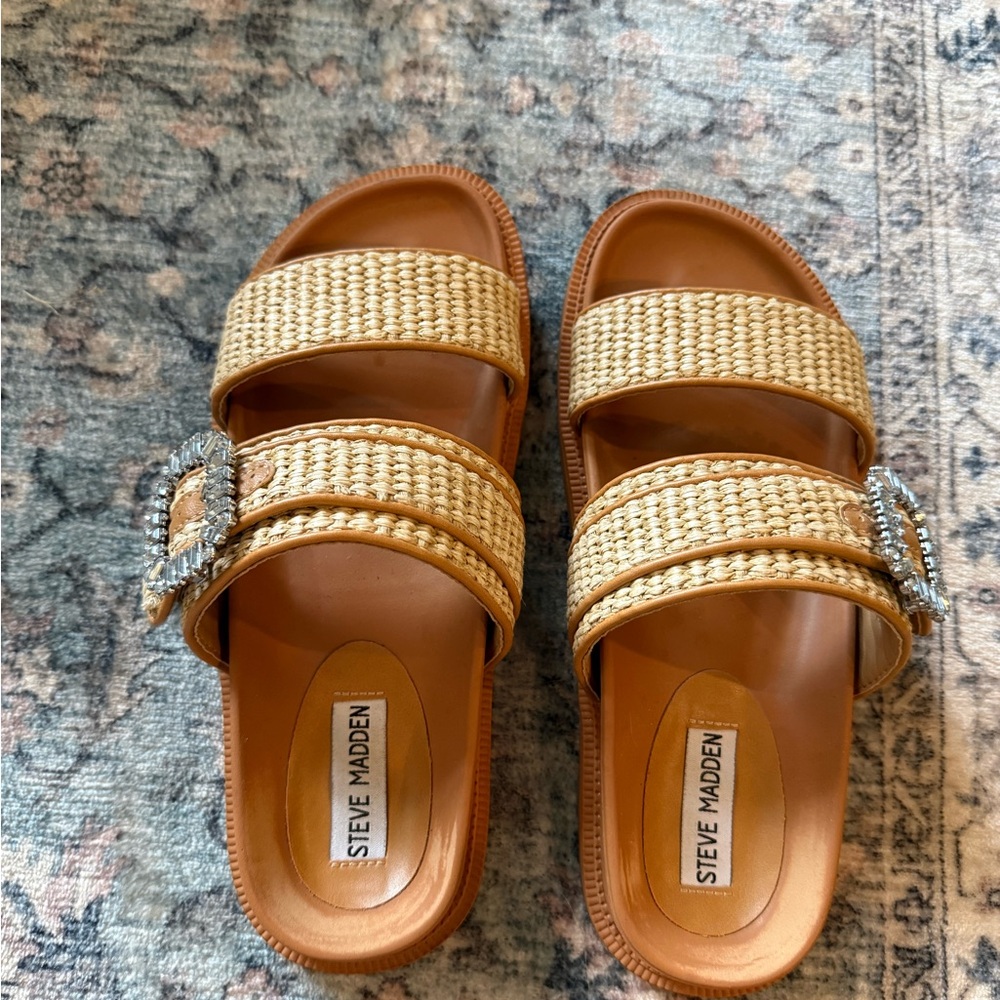Steve Madden Tan and Natural Woven Slide Sandals with Crystal Buckle